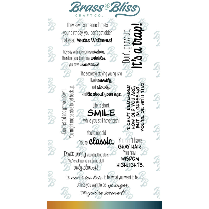 An image showing a set of clear stamps with various humorous and quirky birthday-related phrases.