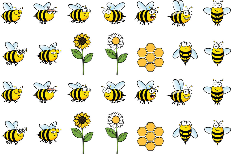 Pattern of cartoon bees, flowers, and honeycomb on a white background