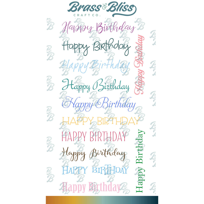 Set of 'Happy Birthday' stamps with decorative elements on a white background