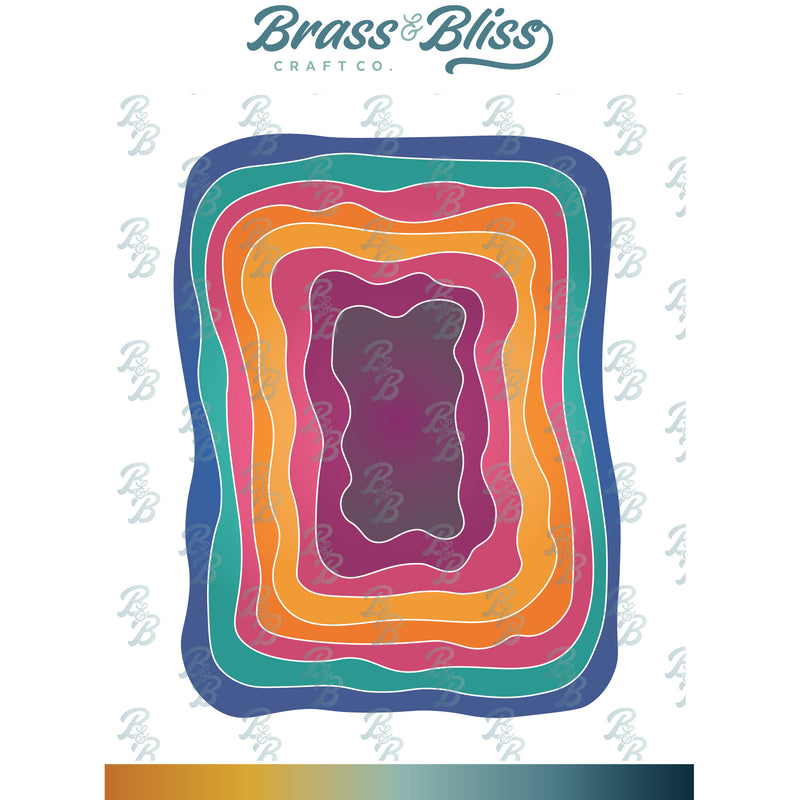 A set of nesting dies with wavy shapes in various sizes, displayed in a rainbow of colors.