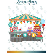 Illustration of a colorful ice cream stand with 'Brass & Bliss Craft Co.' branding.