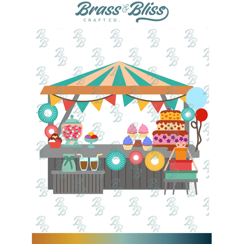 Illustration of a colorful ice cream stand with 'Brass & Bliss Craft Co.' branding.