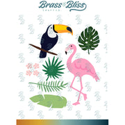 A collection of die-cut shapes featuring a toucan, a flamingo, large and small tropical leaves.