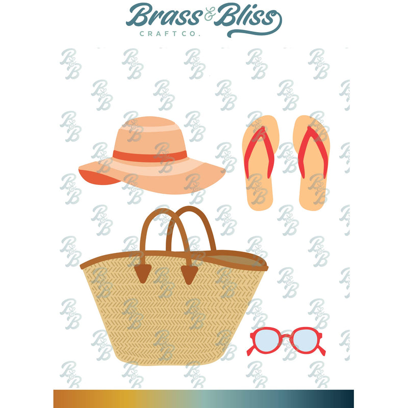 Illustration of a straw bag, sun hat, flip-flops, and sunglasses with 'Brass & Bliss Craft Co.' branding.
